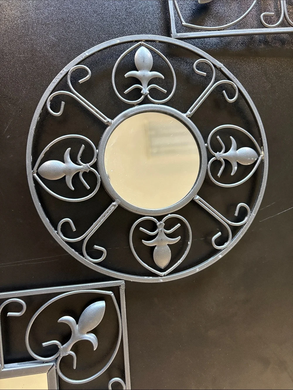 Decorative Gray Wall Mirror Set - 3-Piece Metal Fleur Design